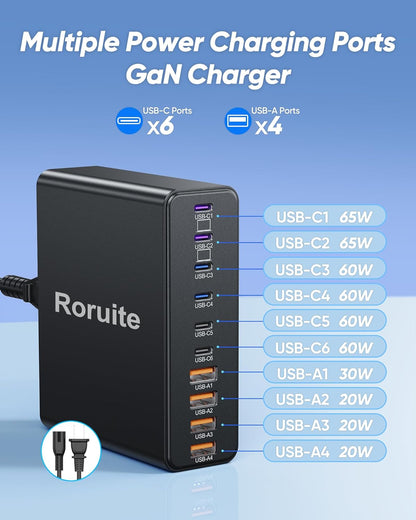 460W USB C Charger Block, 10-Port Charging Station GaN Fast Charger Block Type C & USB A Wall Charger, Dual 65W Laptop Multiport for iPhone, iPad, MacBook Pro/Air, Samsung Galaxy, Android(Black)