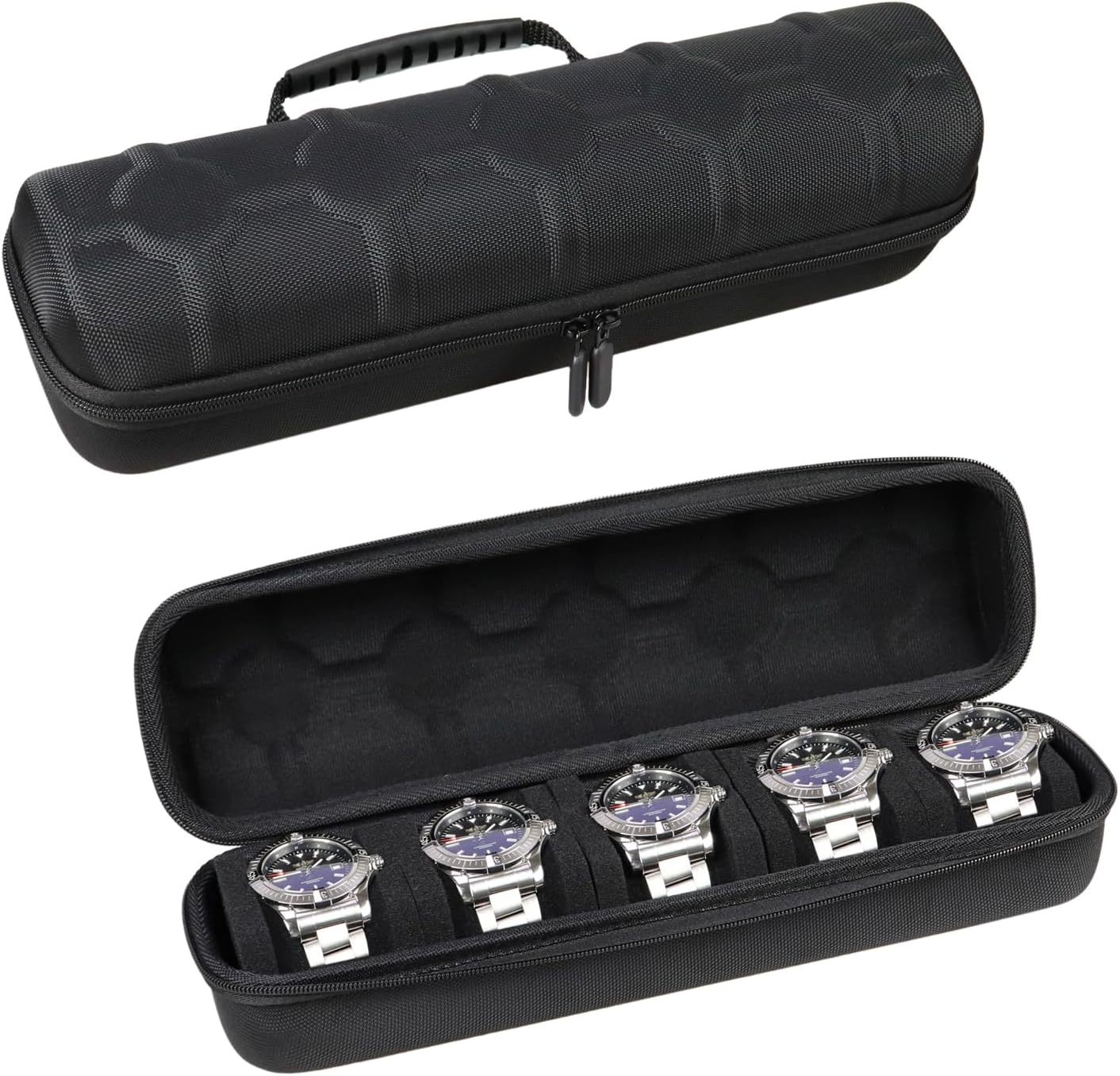 Juntan 5 Slots Hard Watch Travel Case, Portable Nylon Zipper Storage Organizer Box for Men Women with Soft Compressible Foam Pillow Black