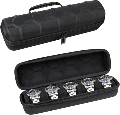 Juntan 5 Slots Hard Watch Travel Case, Portable Nylon Zipper Storage Organizer Box for Men Women with Soft Compressible Foam Pillow Black