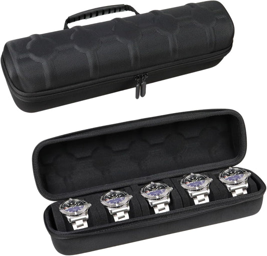 Juntan 5 Slots Hard Watch Travel Case, Portable Nylon Zipper Storage Organizer Box for Men Women with Soft Compressible Foam Pillow Black