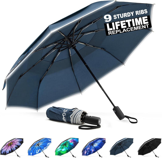 G4Free 42 Inch Eco Windproof Folding Umbrella for Rain & Sun 9 Ribs Wind Resistant Strong Fiberglass Double Canopy with Reflective Strip for Women Men Auto Open Close For Car & Backpack