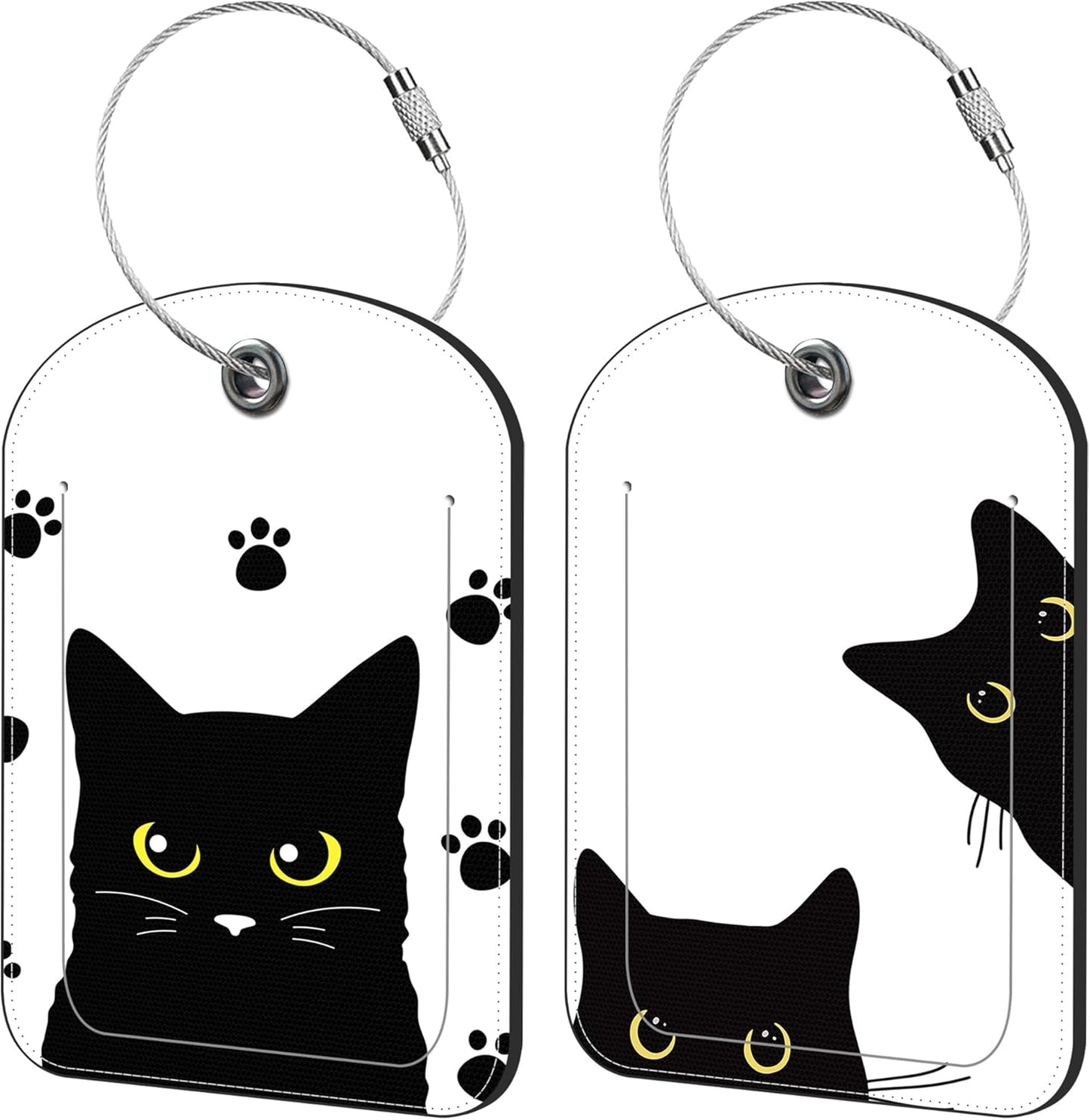Cute Black Cat Luggage Tag for Suitcase Set of 2 PU Leather Cute Luggage Tags with Stainless Metal Loop ID Label Privacy Flap Suitcase Tags for Women and Men Travel
