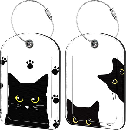 Cute Black Cat Luggage Tag for Suitcase Set of 2 PU Leather Cute Luggage Tags with Stainless Metal Loop ID Label Privacy Flap Suitcase Tags for Women and Men Travel