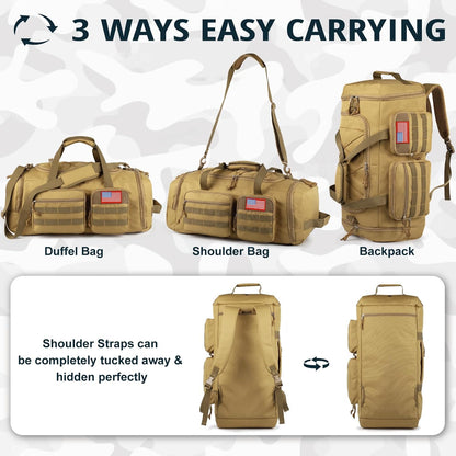 Tactical Gym Bag for Men，70L Large 3 in 1 Sports Duffle Bag with Shoes Compartment for Travel,Water Resistant Travel Backpack Weekender Overnight Bag with Wet Pocket for Women
