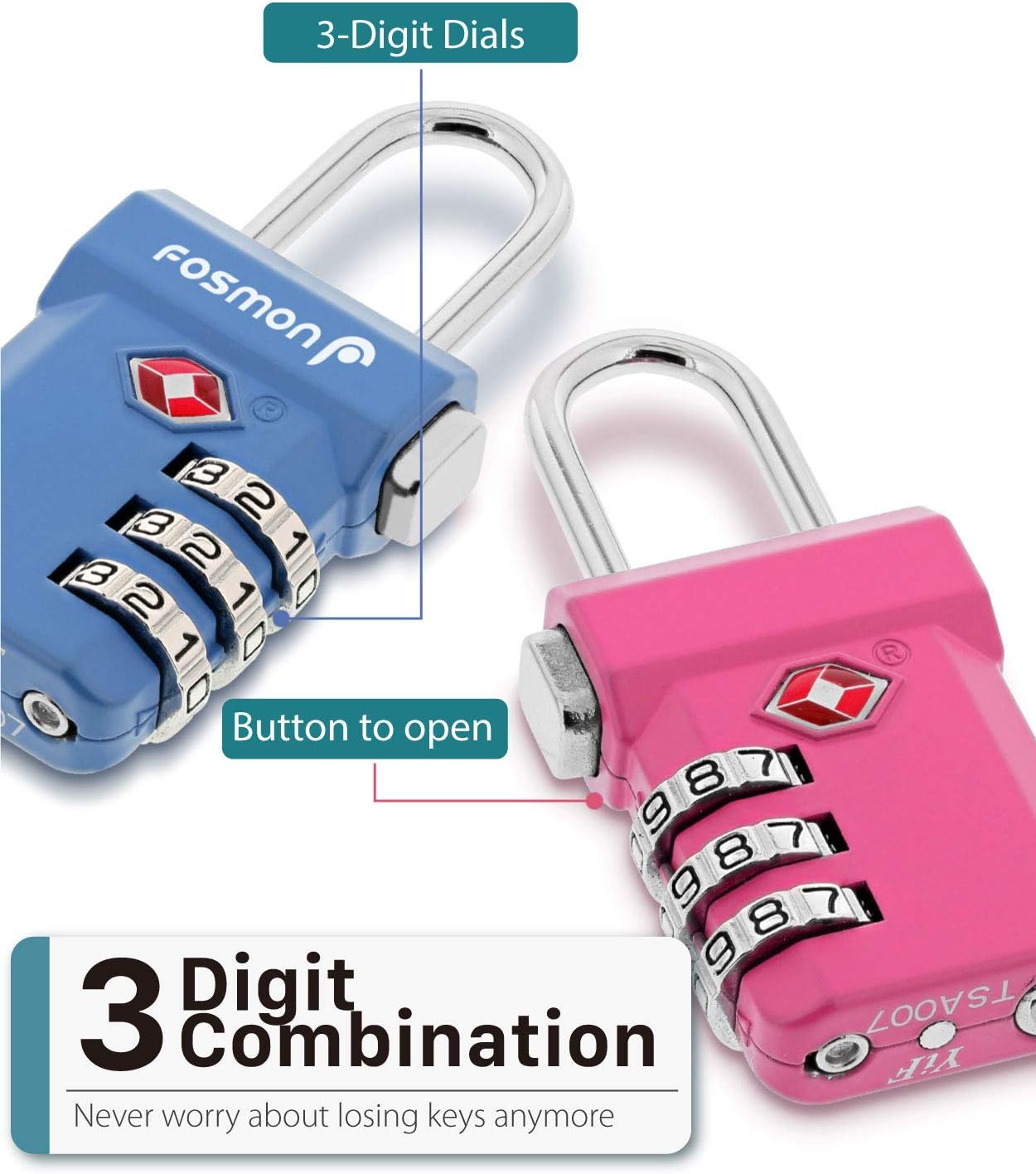 Fosmon TSA Approved Luggage Locks, Suitcase Travel Lock with Push Release Button for Extra Security, 3 Digit Combination Padlock for Gym Locker, Backpack Zipper Anti Theft, Gun Case - Blue, 2 Pack