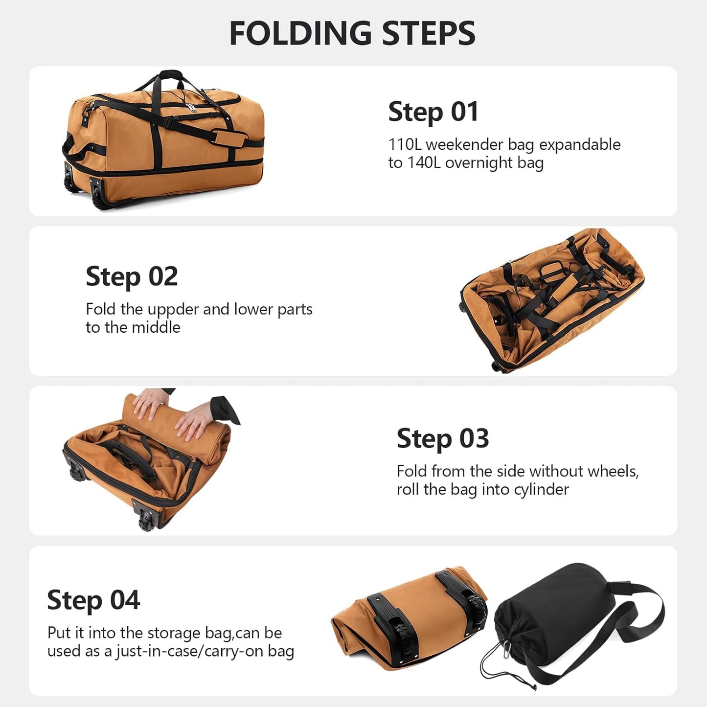 CONTAIL 32" Soft-Sided Rolling Duffle Bag with 2 Wheels,Expandable from 110L to 140L, Foldable Travel Duffel with Multiple Compartments,Brown