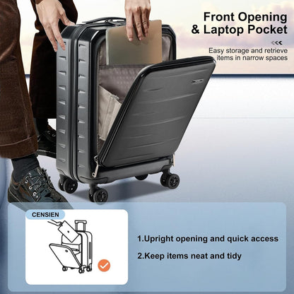 Carry On Luggage 22×14×9 Airline Approved, 20 Inch Lightweight ABS+PC Hard Shell Suitcases with Front Pocket, Spinner Wheels, TSA Lock (Black, 1PC)