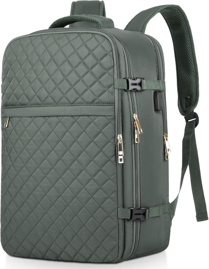 MOMUVO Large Travel Backpack Women, Flight Approved Carry On Backpack, Water Resistant Anti-Theft Large Casual Daypack Fit 17 Inch Laptop with USB Charging Port, Olive Green