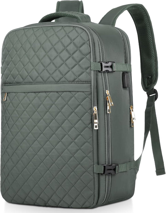 MOMUVO Large Travel Backpack Women, Flight Approved Carry On Backpack, Water Resistant Anti-Theft Large Casual Daypack Fit 17 Inch Laptop with USB Charging Port, Olive Green