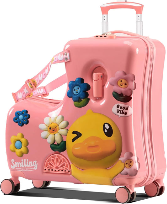 Kids Luggage, Lightweight Ride on Luggage with Spinner Wheels & Foldable Design (20-Inch+ Aged 1-3 Toddler, Pink Flower),Children Holiday Birthday Gift