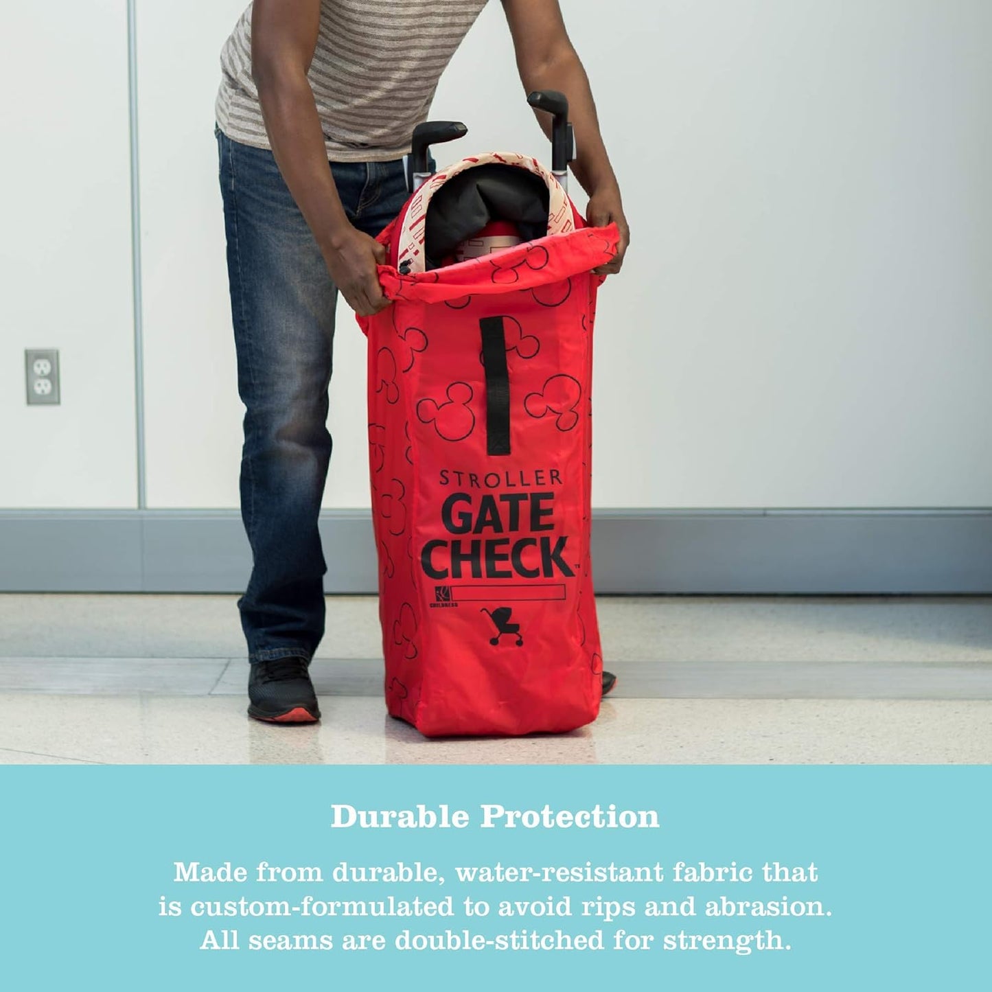 J.L. Childress Disney Baby Gate Check Bag for Umbrella Strollers - Travel Bag for Airplane, Fits Most Single Umbrella Baby Strollers, Airport Accessories for Gate Check - Mickey Mouse, Red