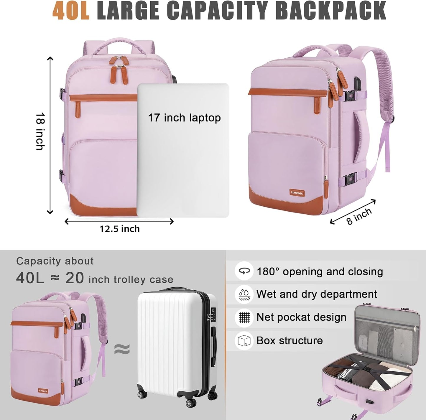 40L Travel Backpack with USB Charging Port, Water-Resistant Carry On Backpack for Men Women, Business Laptop Backpack for Trips & Commutes, Fits 15.6/17.3 Inch Laptop