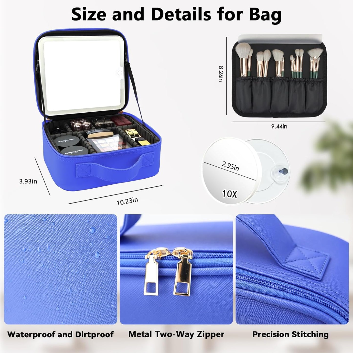 Travel Makeup Bag with LED Mirror and 10x magnifying glass with 3 Lighted Settings, Adjustable Dividers and Makeup Brush Storage Bag Dark Blue