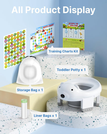 2 In 1 Portable Potty Seat, Travel Potty Seat for Toddlers with Safety Locks, Complete with Training Charts, Storage Bag and Liner Bags, 12 Months+(1 Pack)