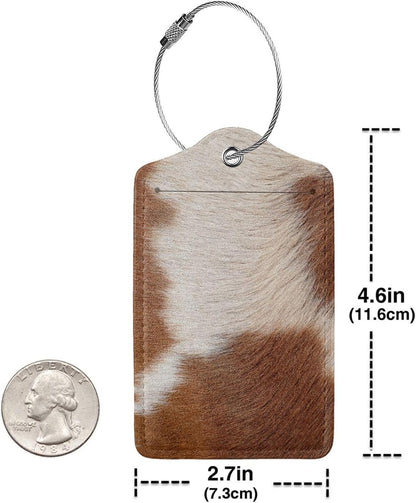 2 Pcs Funny Brown Cowhide Pattern Luggage Tag for Suitcase, Farm Animal Birthday Gift Women Men Boy Girl, Steel Loop with Privacy Cover ID Label