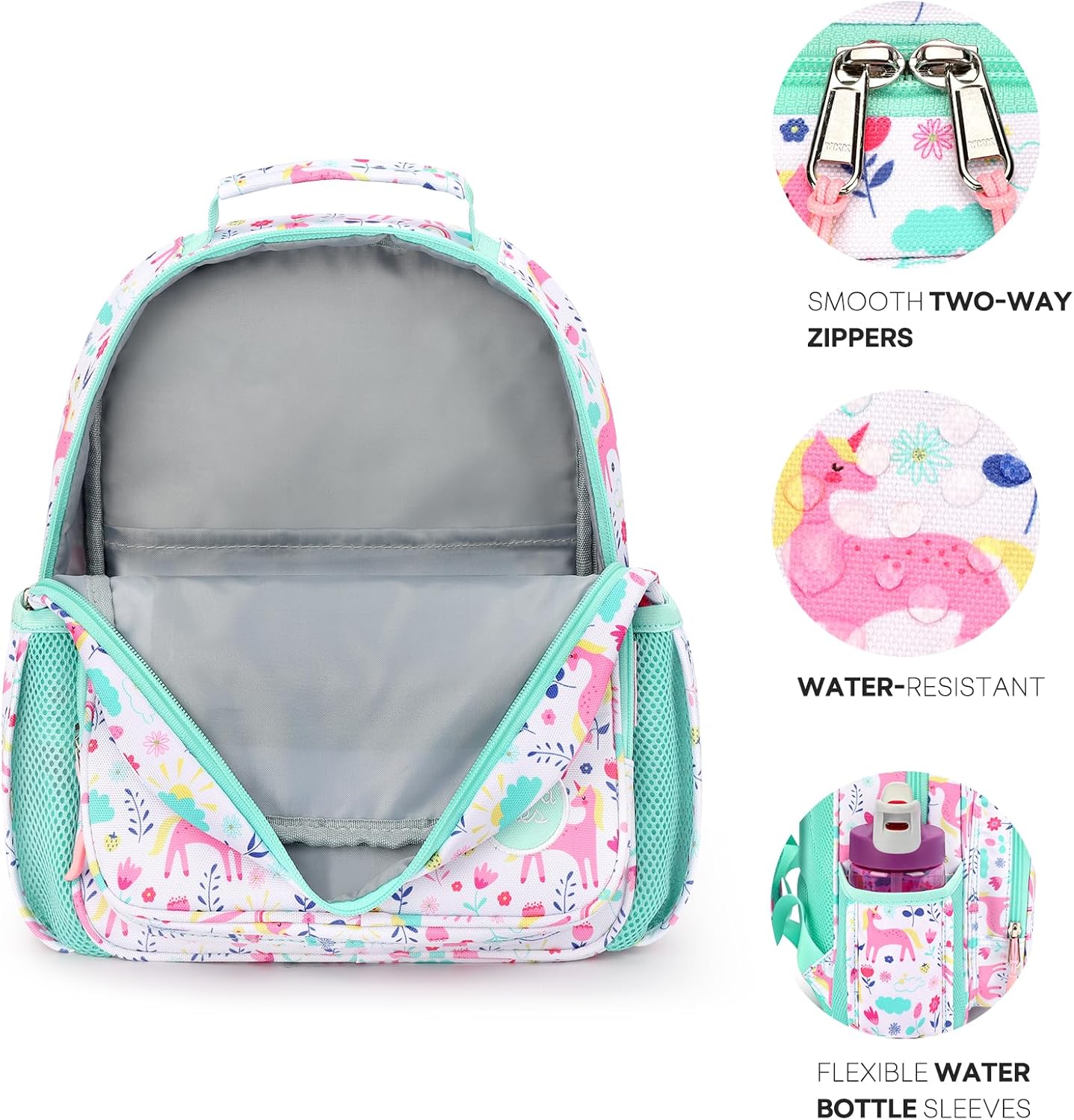 mibasies Toddler Backpack for Girls 2-4: Cute Kids Backpacks for Girls - Preschool Kindergarten Backpack - Unicorn Garden Turquoise