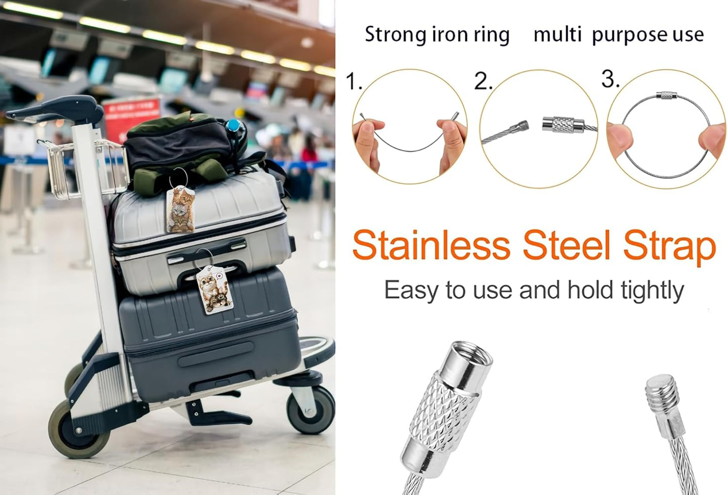 2 Pack Luggage Tags for suitcases Cute Funny cat Luggage Tag, Leather Stainless Steel Loop Label Tag for Men Women Travel Bag Suitcase（2 cat）