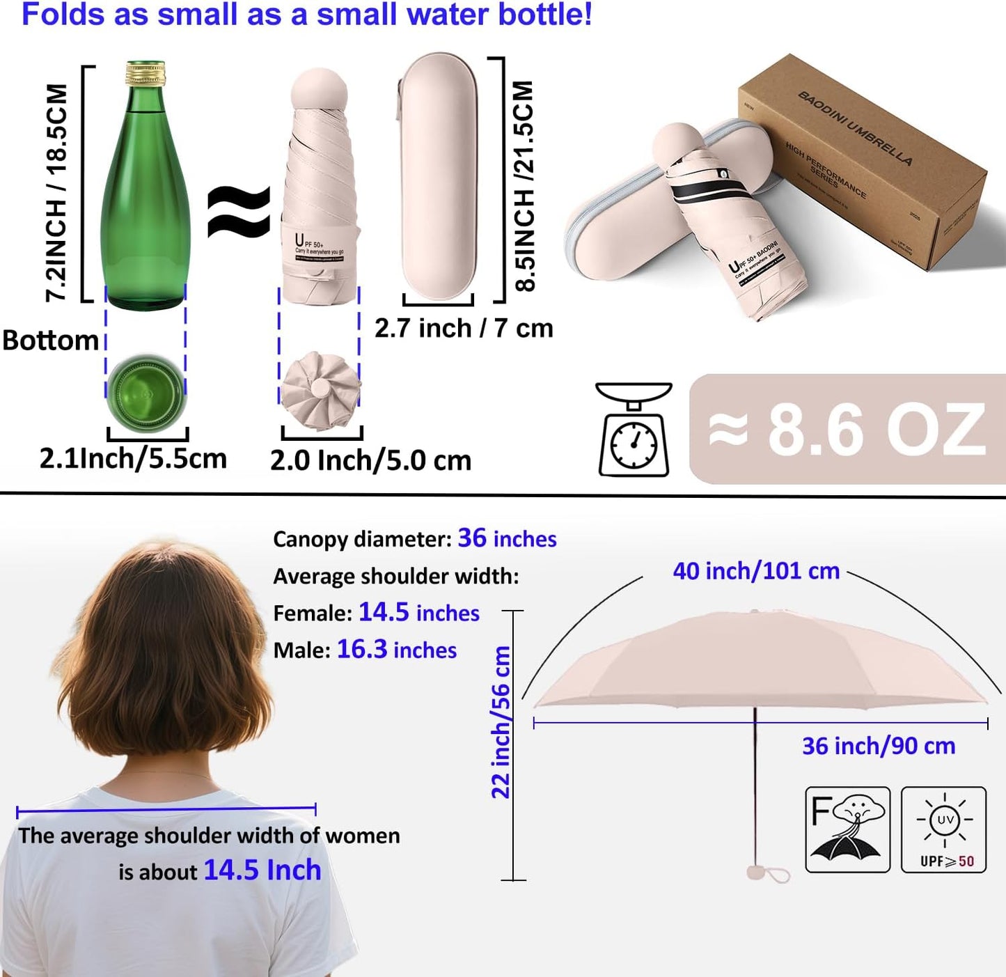 BAODINI Travel Mini Umbrella for Purse With Case Small Compact UV Sun Protection Sun Lightweight Tiny Pocket Umbrella for Women Kids and Men