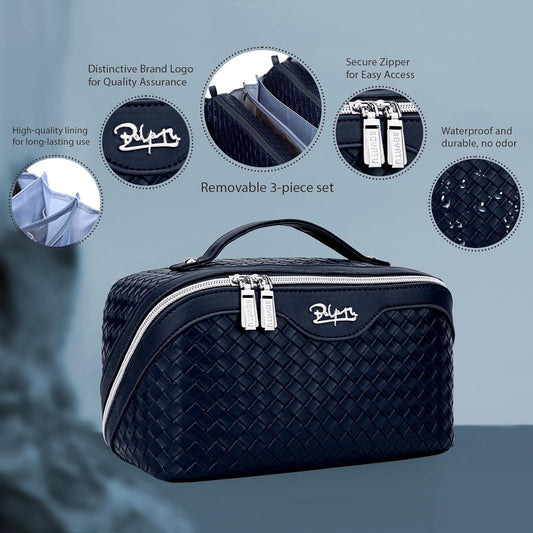 BOYATU Travel Makeup Bags for Women: Large Make up Bag Set of 3 - PU Leather Toiletry Bags - Portable Cosmetic Bag with Divider & Handle (L11 Dark Blue)