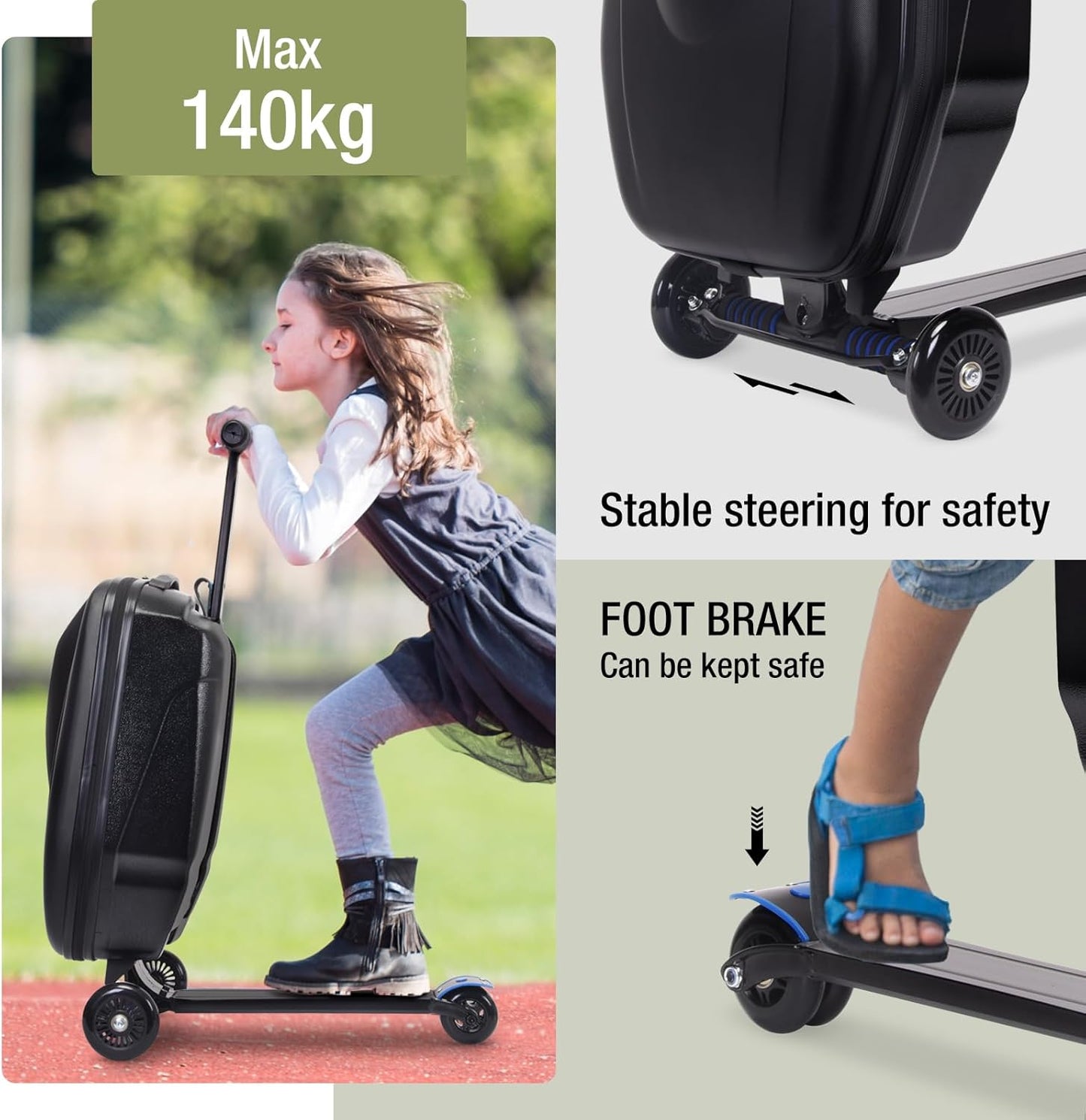 20" Scooter Suitcase for Kids, 2-in-1 Ride On Luggage with Wheels for Boys & Girls Ages 4-15, Foldable Hardshell Carry On Lightweight Travel Suitcase for Airplane