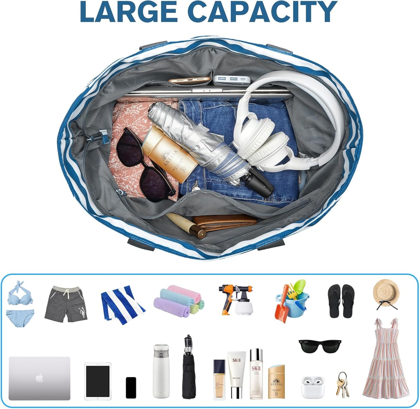 G4Free Beach Bag, Waterproof Sandproof Beach Tote Bag, Large Capacity Foldable for Women