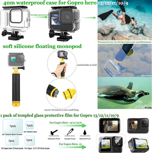 Accessories Kit for Go Pro 13 12 11 10 9 Black, 60M Waterproof Case Chest Mount Kits Glass Screen Protector Bundle Pack for Gopro Hero13 12 11 10 9 Camera