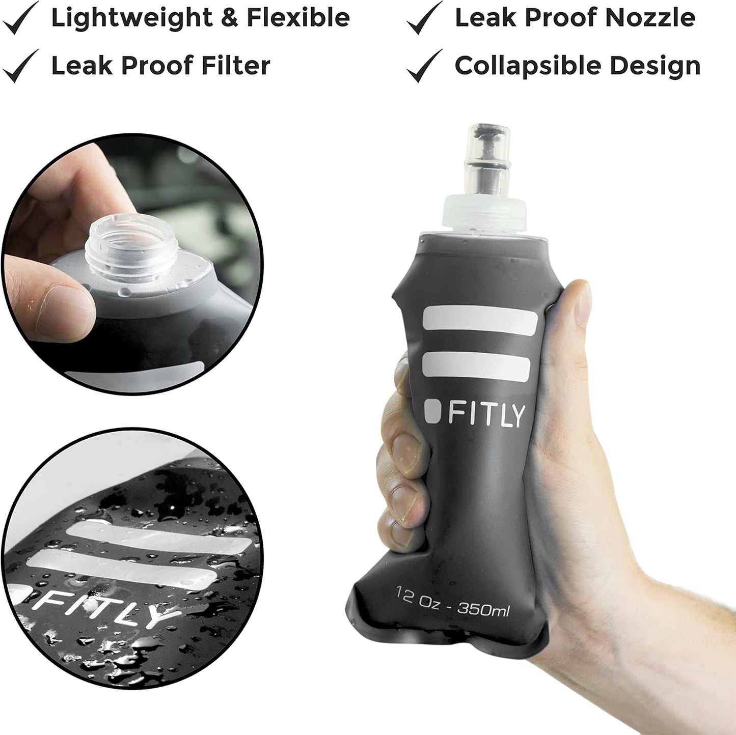 FITLY Soft Flask - Shrink As You Drink Soft Water Bottle for Hydration Pack - Folding Water Bottle Ideal for Running, Hiking, Cycling, Climbing & Rigorous Activity