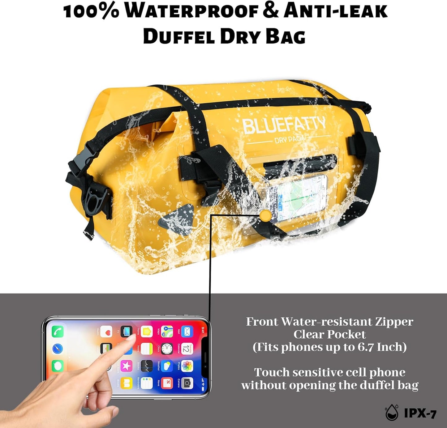 Large Waterproof Duffel Bag Roll-top Heavy Duty Dry Duffle Bags for Motorcycling, Rafting, Boating, SUP, Kayaking, Travel, 70L(Yellow)