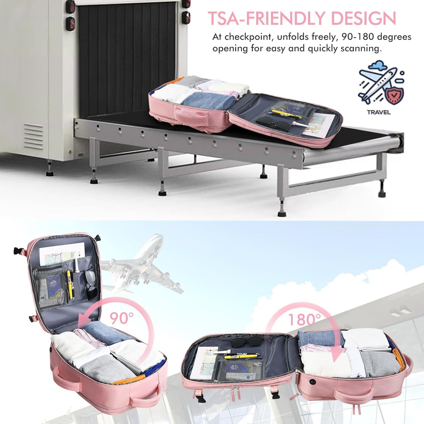 Beraliy Large Travel Backpack for Women, Personal Item Bag Airline Approved, Carry On Luggage, 17 inch Laptop Backpack, Waterproof Backpack, Hiking Backpack, Pink