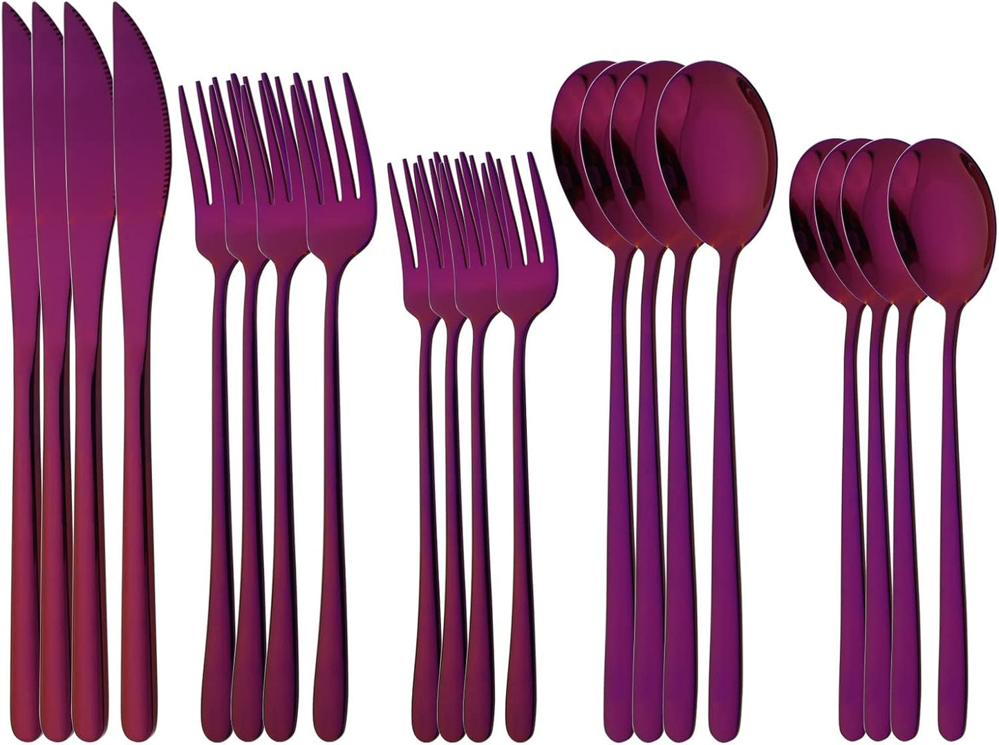 20 Pieces Silverware Set 304 Stainless Steel, Healthy & Eco-Friendly Silver Travel Mirror Polished Purple Knife Fork Spoon Salad Fork Dessert Spoon Flatware Set, Service for 4