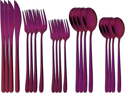 20 Pieces Silverware Set 304 Stainless Steel, Healthy & Eco-Friendly Silver Travel Mirror Polished Purple Knife Fork Spoon Salad Fork Dessert Spoon Flatware Set, Service for 4