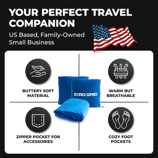 Lightweight Travel Blanket - Premium & Compact Airplane Wearable Blanket with Neck Snaps, Cozy Foot Pockets, Zipper Pouch - Converts into Soft Pillow - Designed for Ultimate Comfort - Royal Blue