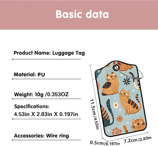 Luggage Tags for Suitcases, 2-Pack PU Leather for Cruise & Travel, Baggage ID Tags with Privacy Cover & Address Card, Durable Metal Ring, Kids Adults Travel Accessories, Whimsical Felines & Flora