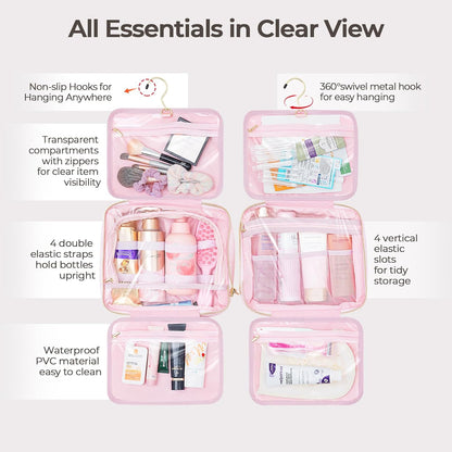 Hanging Travel Toiletry Bag for Women Detachable Toiletry Bag with 6 Compartments Large Makeup Bag Cosmetic Organizer for Bathroom Shower Business Trips Camping, Pink