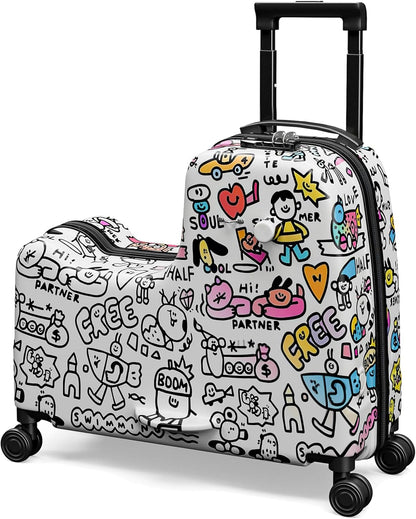 Apelila DIY Coloring Ride On Suitcase for Kids Ages 4-8, 22 Inch Graffiti Rolling Luggage with Spinner Wheels & Safety Belt, Lightweight Travel Checked Suitcase with Combination Lock