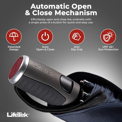 LifeTek Premium Travel Umbrella - Windproof & Compact for Men & Women, Automatic Open Close, Fits in Purse Laptop Bag or Backpack, Strong Frame for Heavy Rain & Sun UV Protection