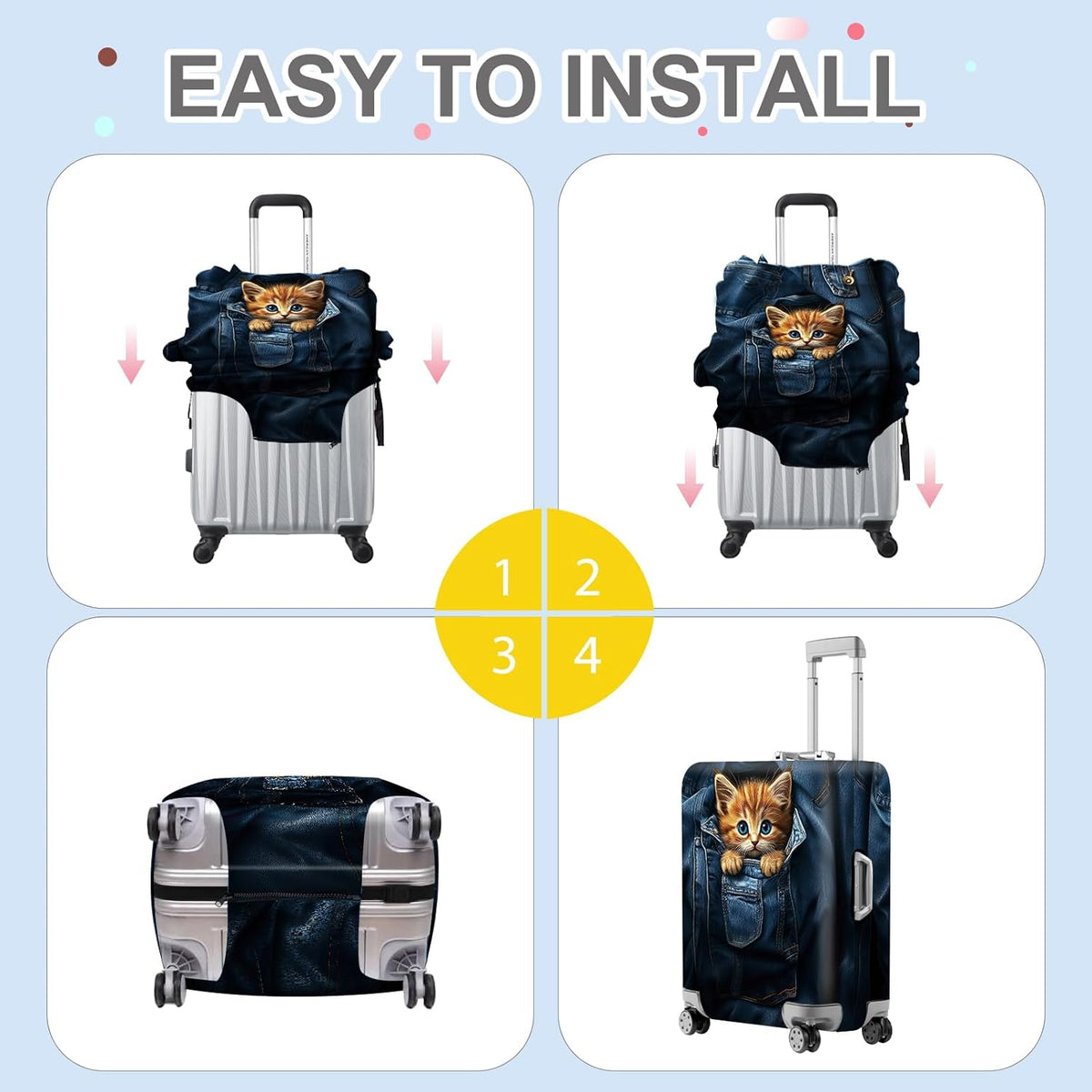 ANNA QUEEN Cute Kitten in Pocket Luggage Cover, Funny Cat Suitcase Protector with Denim Print, Stretchable & Washable Spandex Travel Cover for 24-26 Inch Luggage