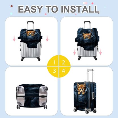 ANNA QUEEN Cute Kitten in Pocket Luggage Cover, Funny Cat Suitcase Protector with Denim Print, Stretchable & Washable Spandex Travel Cover for 20-22 Inch Luggage