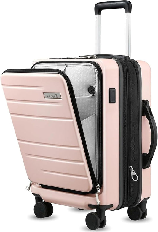 LUGGEX Carry On Luggage 22x14x9 Airline Approved, Expandable Polycarbonate Suitcase with Front Pocket (Pink, 20 Inch, 35L)