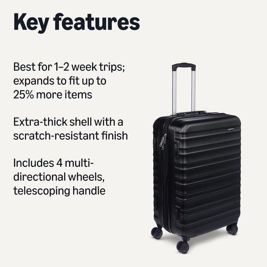 Amazon Basics 26" Hardside Medium Checked Luggage, Hardshell Suitcase With Wheels, Expandable For Up to 15% More Space, With Scratch-Resistant Surface, Four Multi-directional Wheels, Black