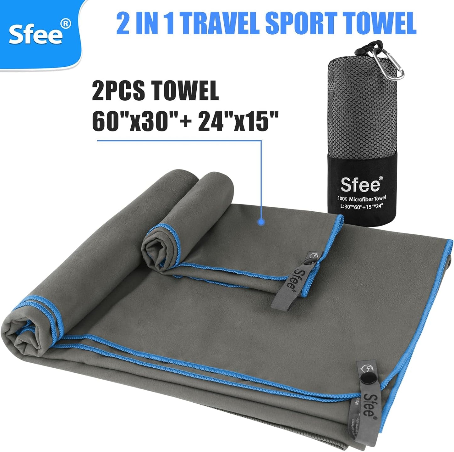 Sfee 2 Pack Microfiber Travel Towel, Quick Dry Camping Towel Large Beach Towel Super Absorbent Compact Lightweight Sports Gym Towels for Yoga, Gym, Hiking, Pool, Backpacking, Bath