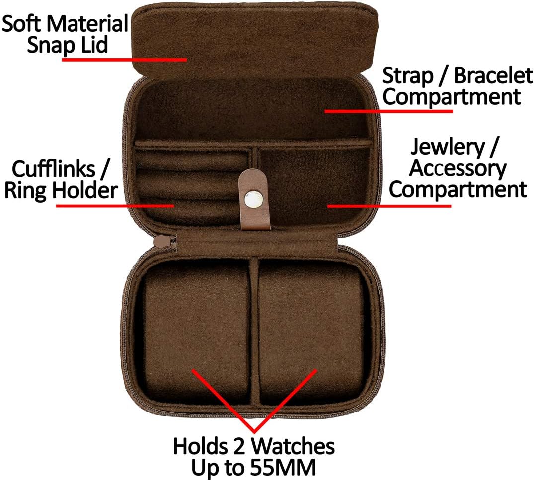 ROTHWELL 2 Watch Travel Case Storage Organizer for 2 Watches | Tough Portable Protection w/Zipper Fits All Wristwatches & Smart Watches Up to 50mm