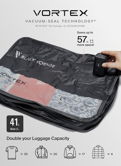 Black Voyage Reusable Vacuum Compression Travel Bag for Carry-On Suitcase and Backpack, Recycled IP67 Waterproof Space Saver Vacpack (2-Pack, 41L - Pump Included)