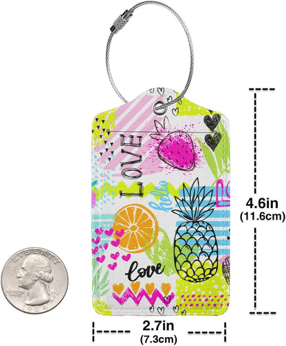 2 Pieces Funny Fruits Luggage Tags for Suitcases Women Girls, Colorful Bag Tags with Pineapple, Strawberry, Love Pattern, Cute Leather Labels Privacy Protection Travel Tag