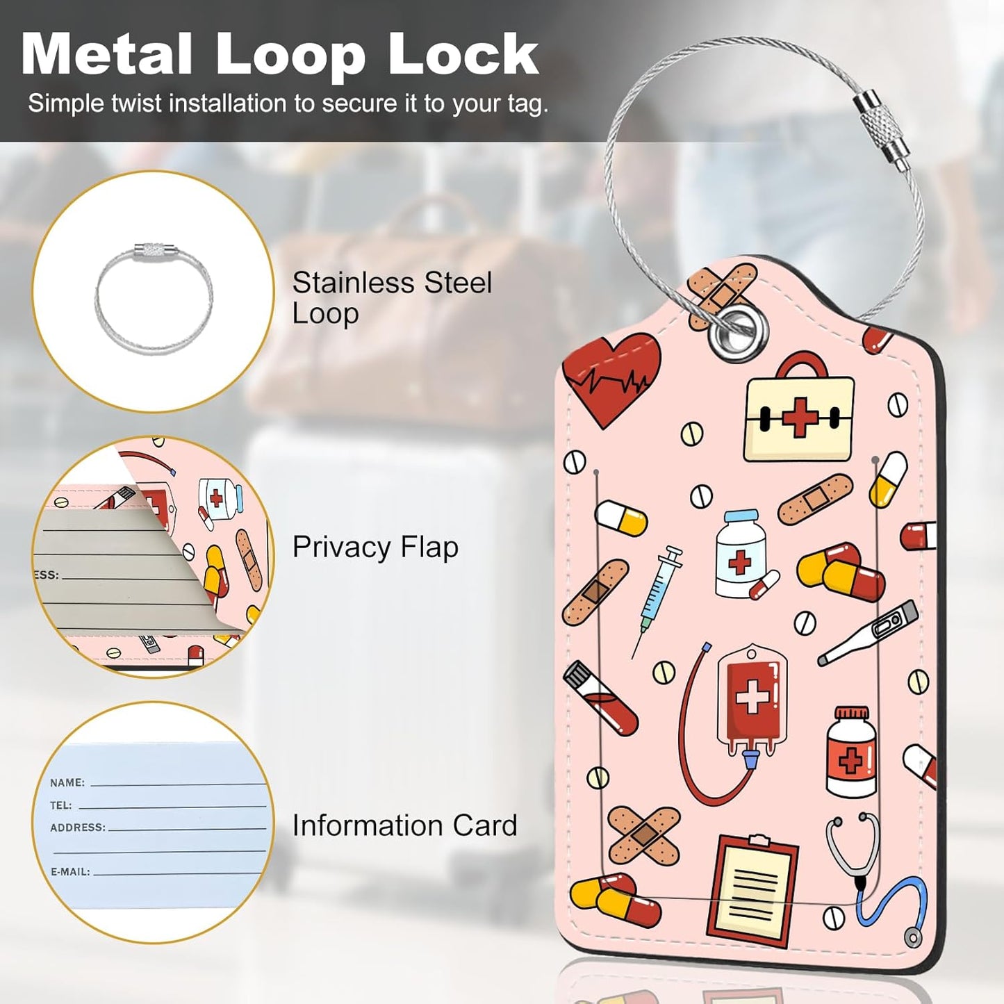 2Pack Luggage Tags for Suitcases, Cute Unique Pu Leather Cruise Luggage Tag with Privacy Cover ID Label Address Card and Metal Ring Suitable for Women Men Kids Travel Bag,Medical Instrument Pattern