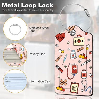 2Pack Luggage Tags for Suitcases, Cute Unique Pu Leather Cruise Luggage Tag with Privacy Cover ID Label Address Card and Metal Ring Suitable for Women Men Kids Travel Bag,Medical Instrument Pattern