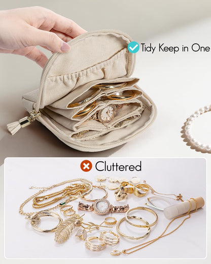 Vlando Mini Jewelry Travel Case,Jewelry Pouch Bags with Zipper,Velvet Jewelry Organizer Storage Bag for Bracelet Rings Earring Travel Essentials Gifts for Women Girl-Beige