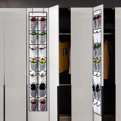 KEEPJOY Over the Door Shoe Organizer, Hanging Shoe Organizer with 4 Hooks, Shoe Holder with 14 Mesh Pockets Closet Door Shoe Storage Bag (White-2Pack)