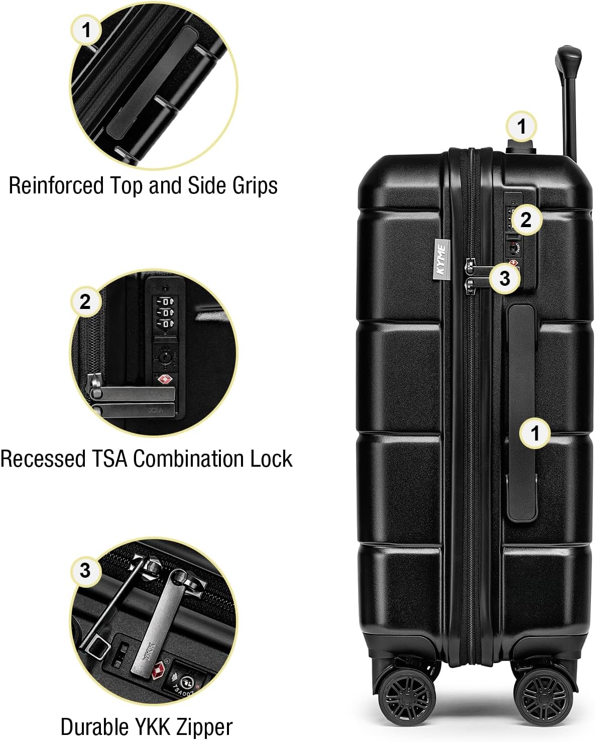 KYME Hardside Carry On Luggage 22x14x9 Airline Approved with TSA Lock Hardshell Carry On Suitcase with Spinner Wheels Travel Rolling 22 Inch Luggage with Cup Holder for Men Women Black