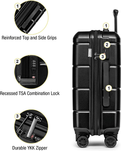 KYME Hardside Carry On Luggage 22x14x9 Airline Approved with TSA Lock Hardshell Carry On Suitcase with Spinner Wheels Travel Rolling 22 Inch Luggage with Cup Holder for Men Women Black